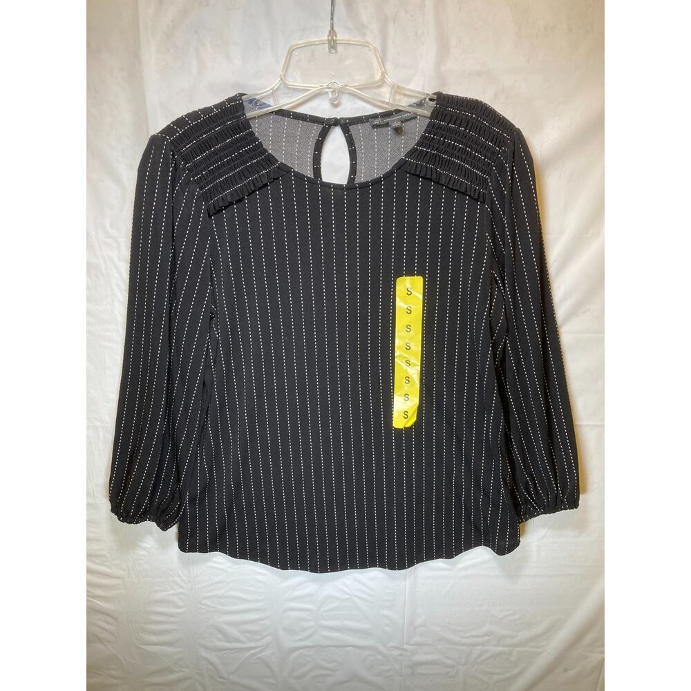 Adrianna Papell Women's 3/4 Sleeve Stretch Smocked Shoulder Blouse Black -Size S